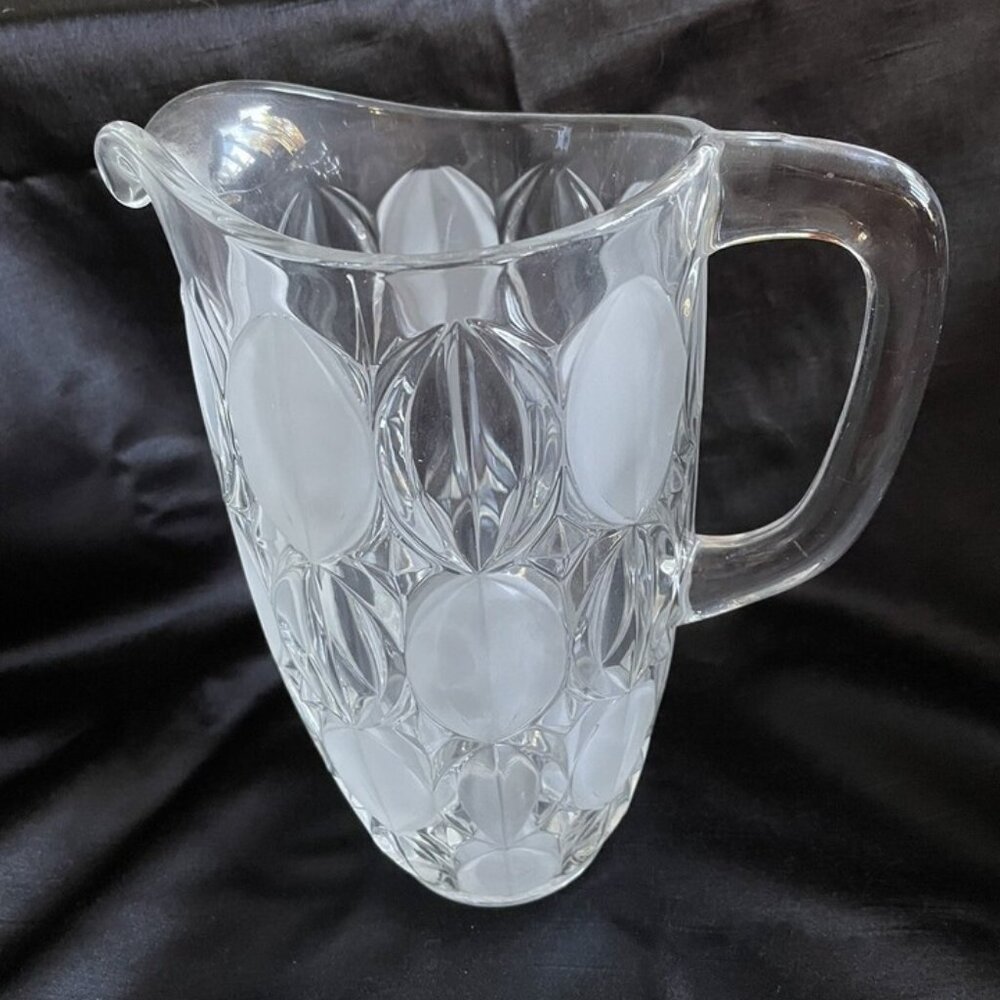 VINTAGE LARGE GLASS PITCHER WITH CLEAR AND FROSTED OVAL DESIGN 9-½" HIGH